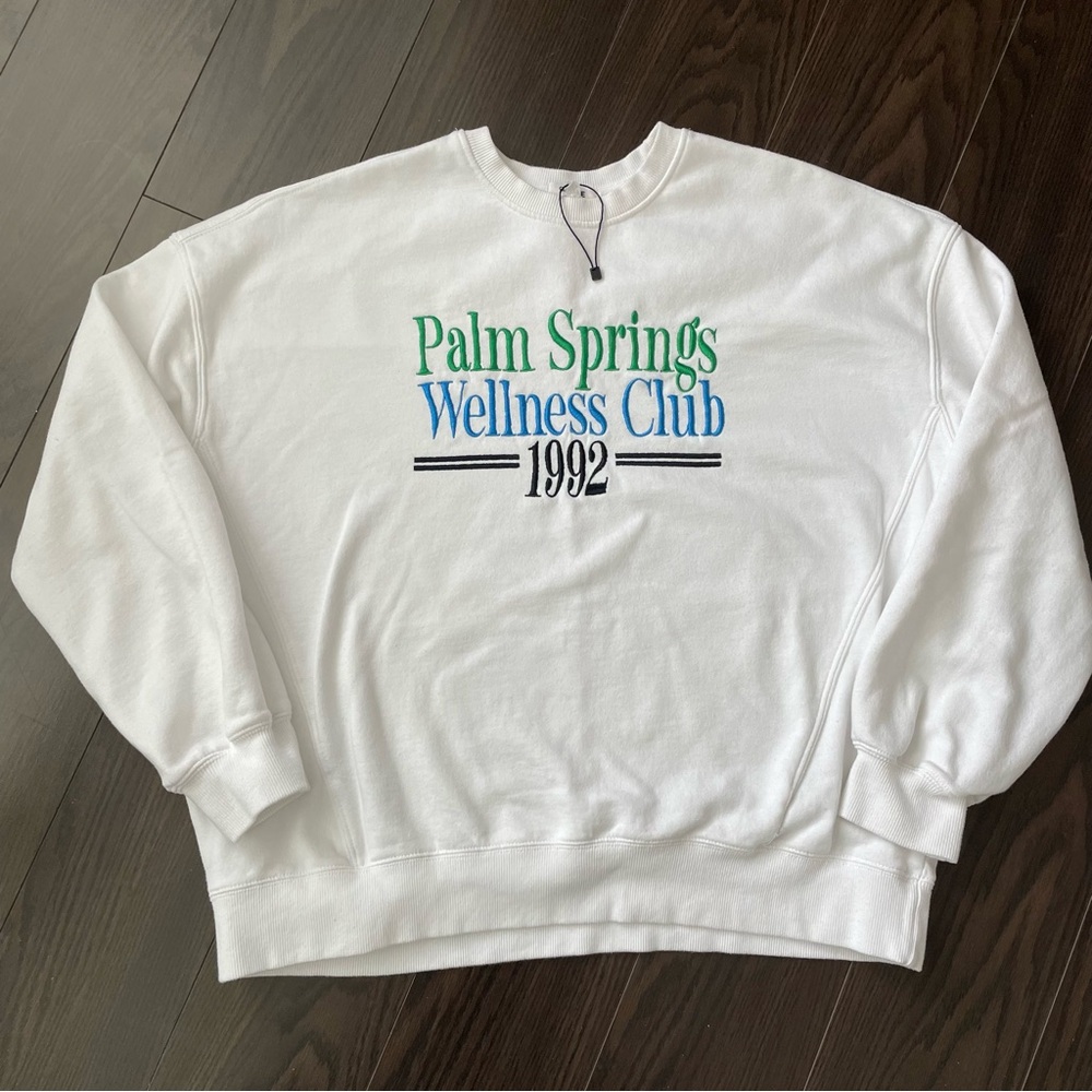 NWOT GARAGE Bright White with "Palm Springs" Art Oversized Crewneck Sweatshirt